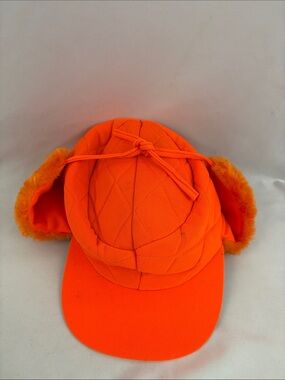 Vintage Neon Orange Ear Flap Hunting Hat Fur Youngan Size Medium